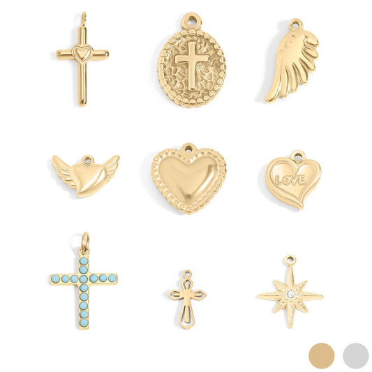 (9pc) 18K Gold PVD Stainless Steel Faith & Love Charm Set