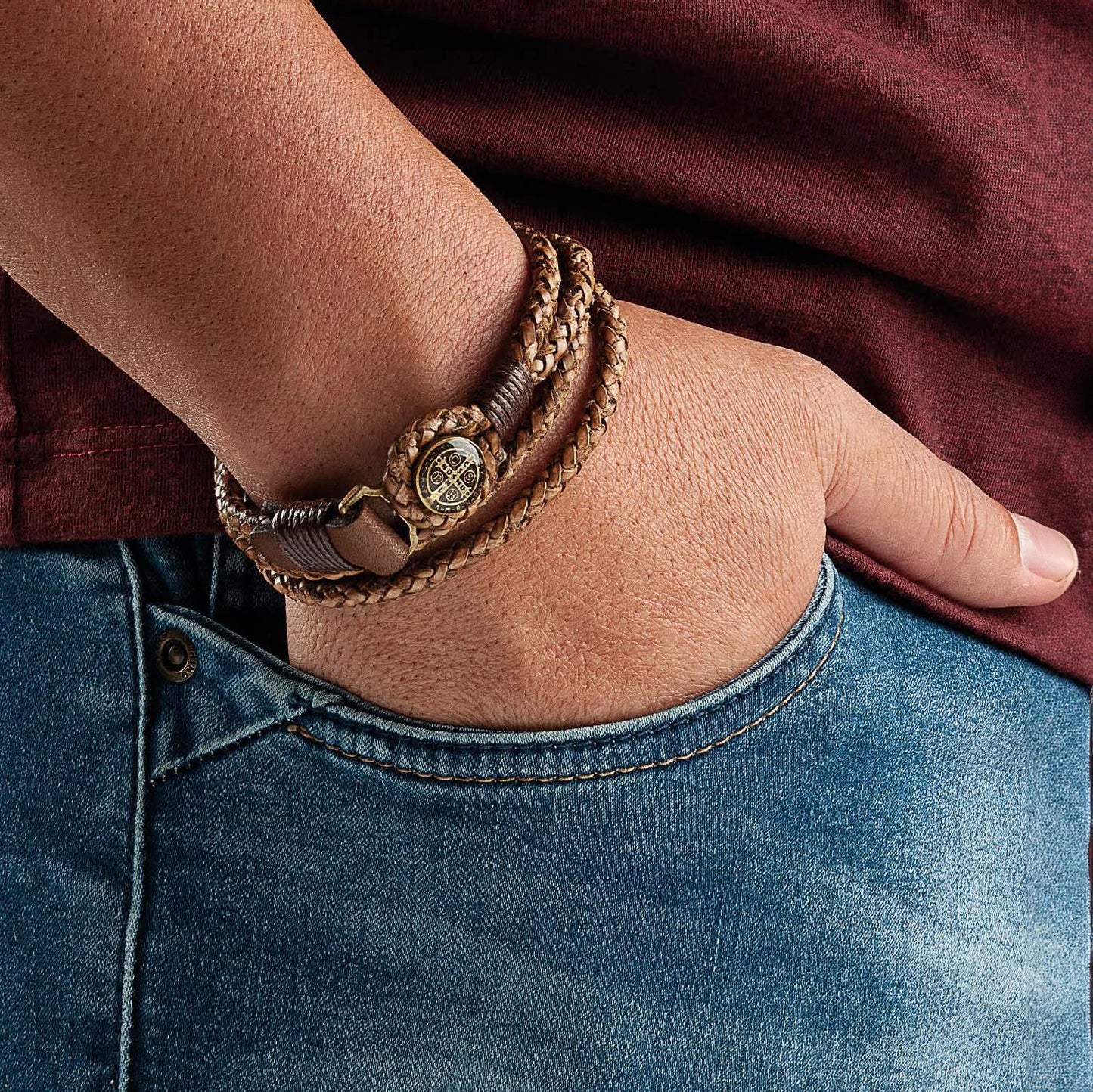 Men's Brown St. Benedict Leather Cord Bracelet