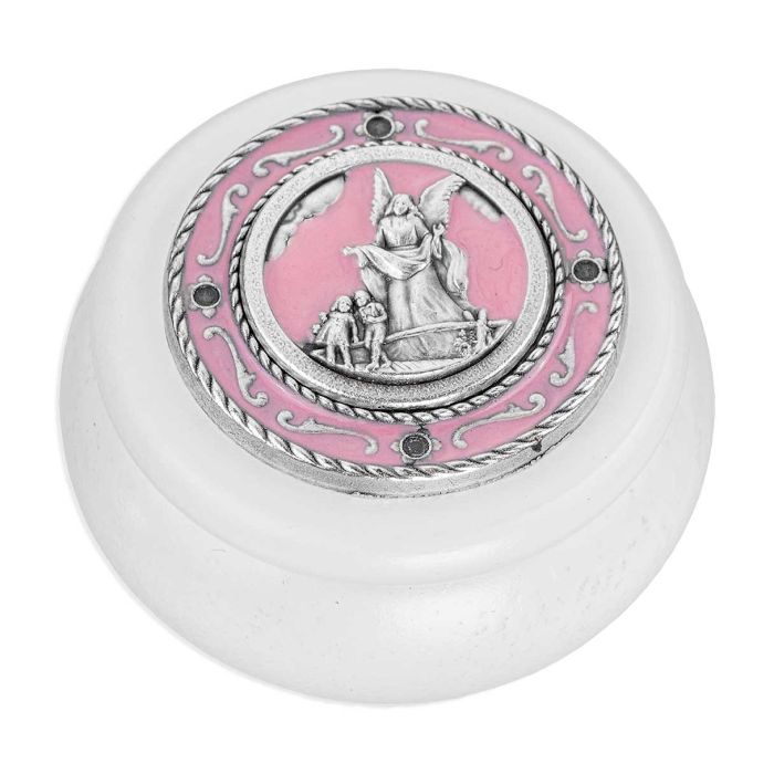 Guardian Angel White Wood & Pink Epoxied Silver Metal Keepsake Box