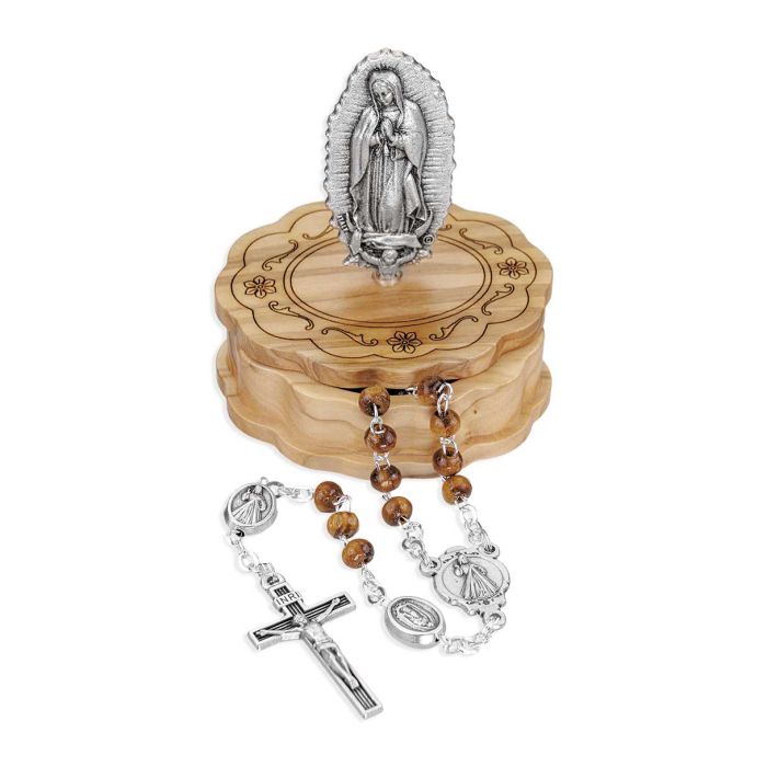O.L of the Miraculous Medal Wood Bead Rosary in Wooden Box with O.L. of Guadalupe Statue on Top