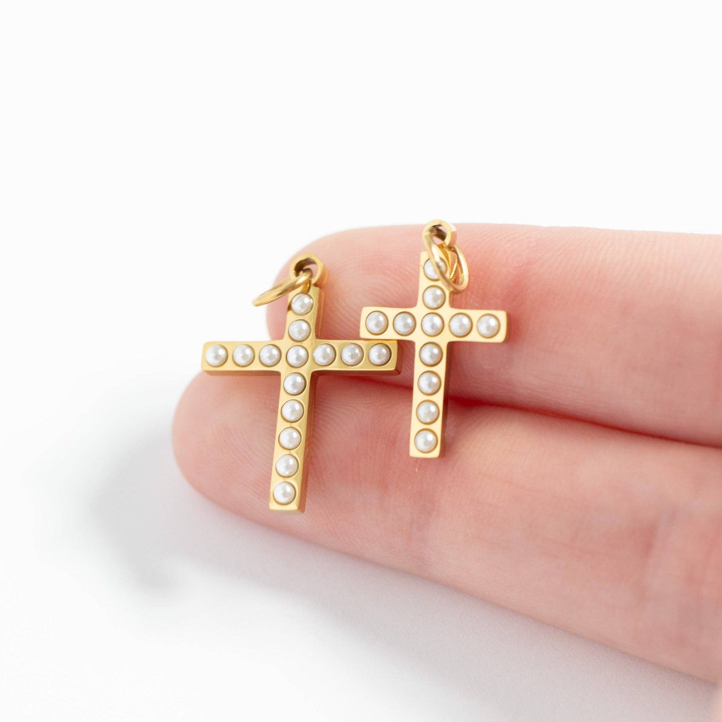 18K Gold PVD Stainless Steel Pearl Beaded Cross Charm