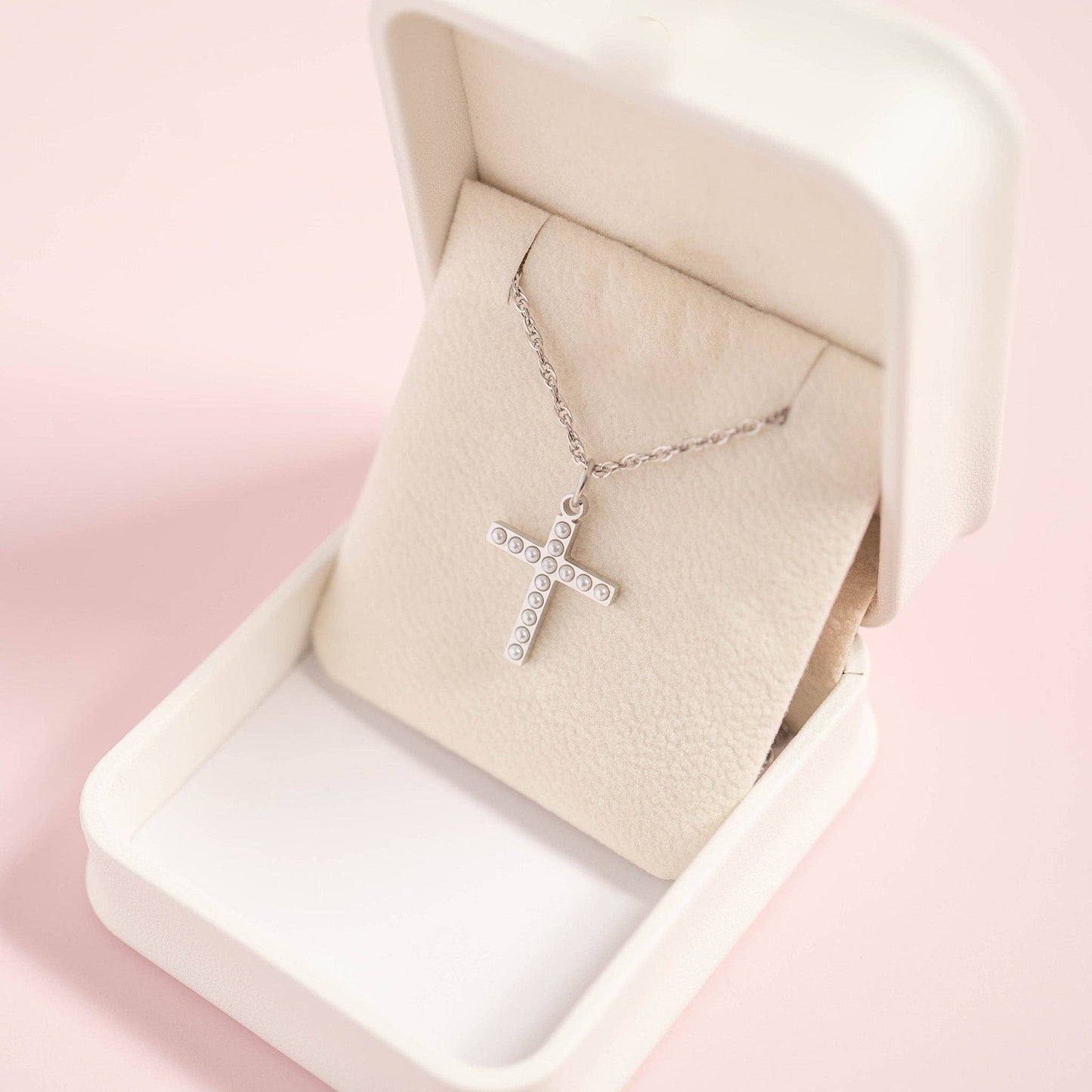 18K Gold PVD Stainless Steel Pearl Beaded Cross Charm