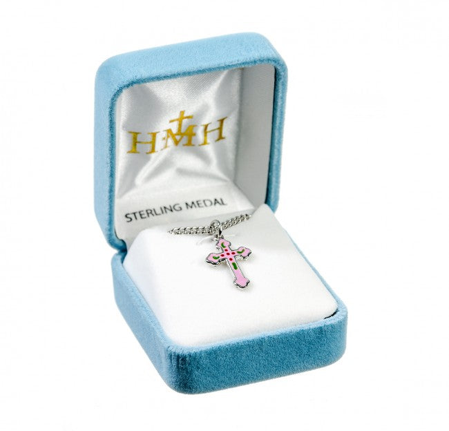 Sterling Silver Pink Enameled Cross Necklace