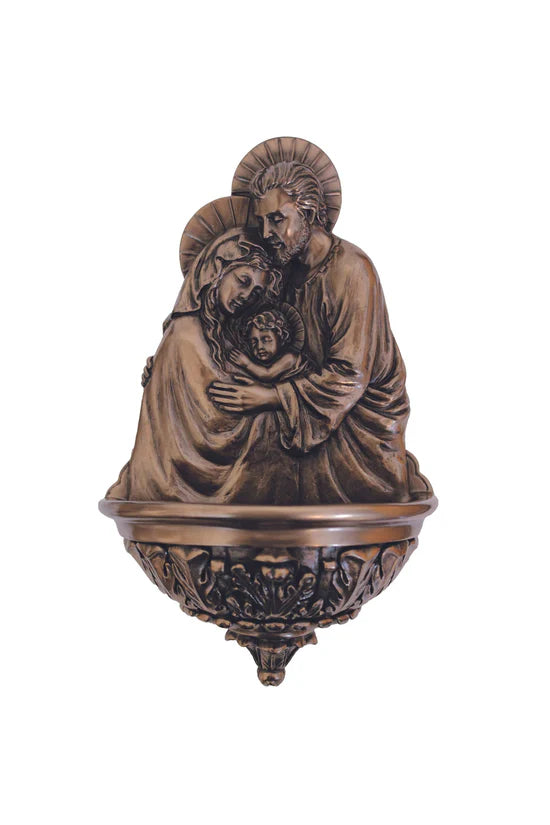 Holy Family holy water font in lightly hand-painted cold cast bronze 9"
