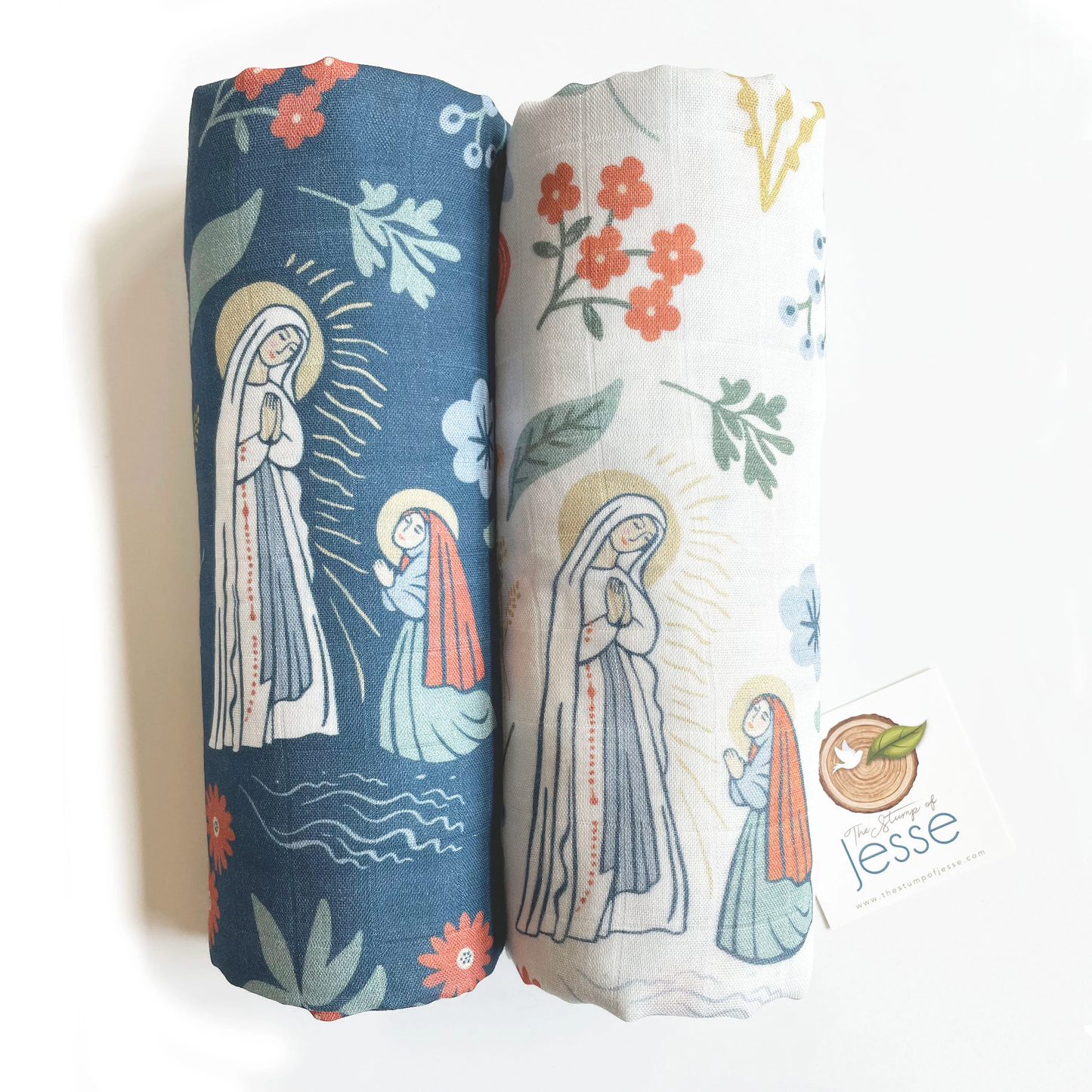 Our Lady of Lourdes and St. Bernadette Muslin Beige Swaddle