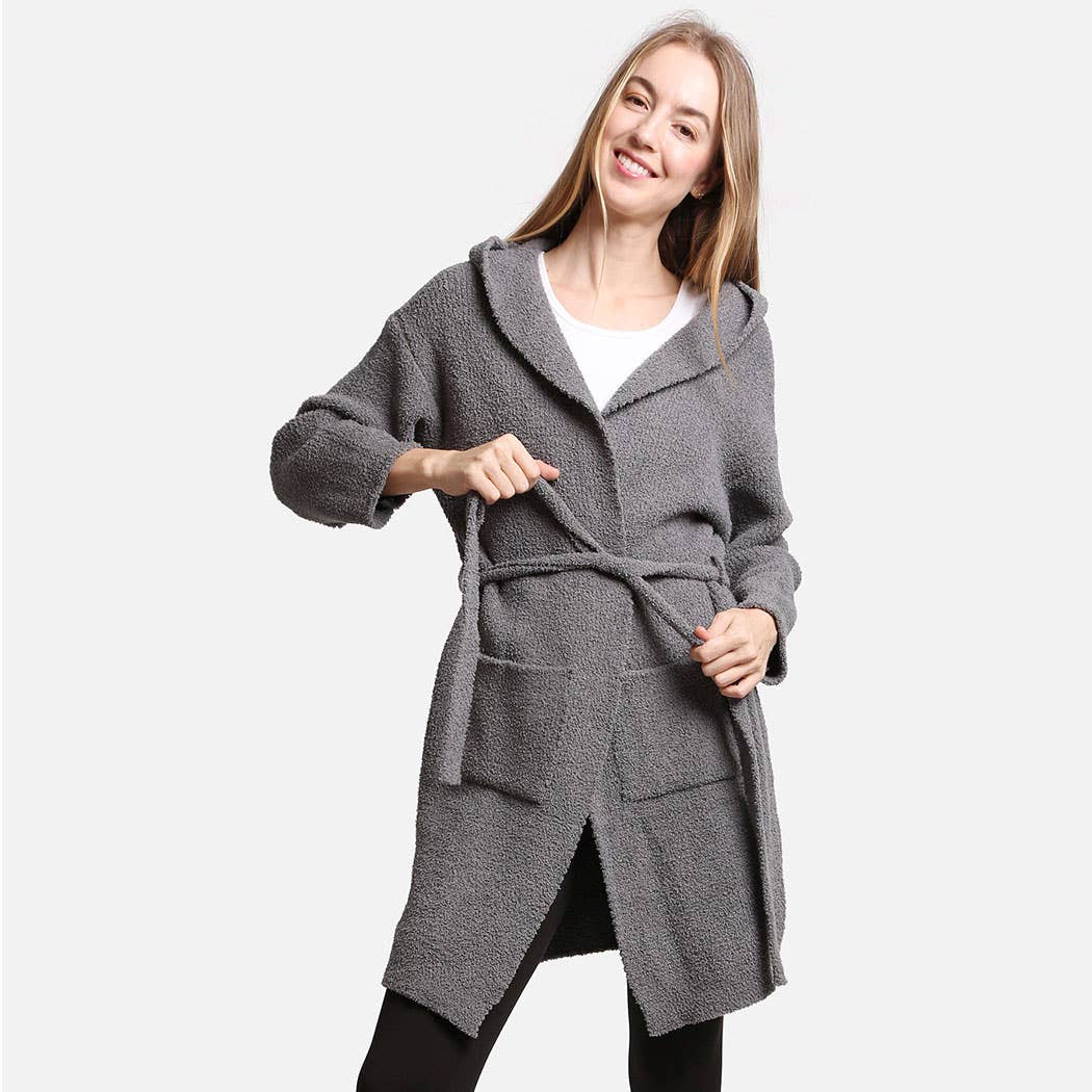 Solid Color Soft Hooded Robe w Pocket