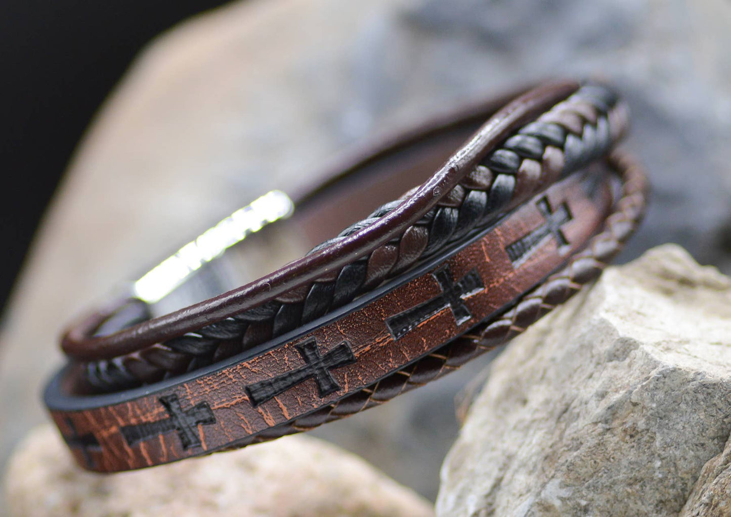 Cross Leather Stamped Bracelet