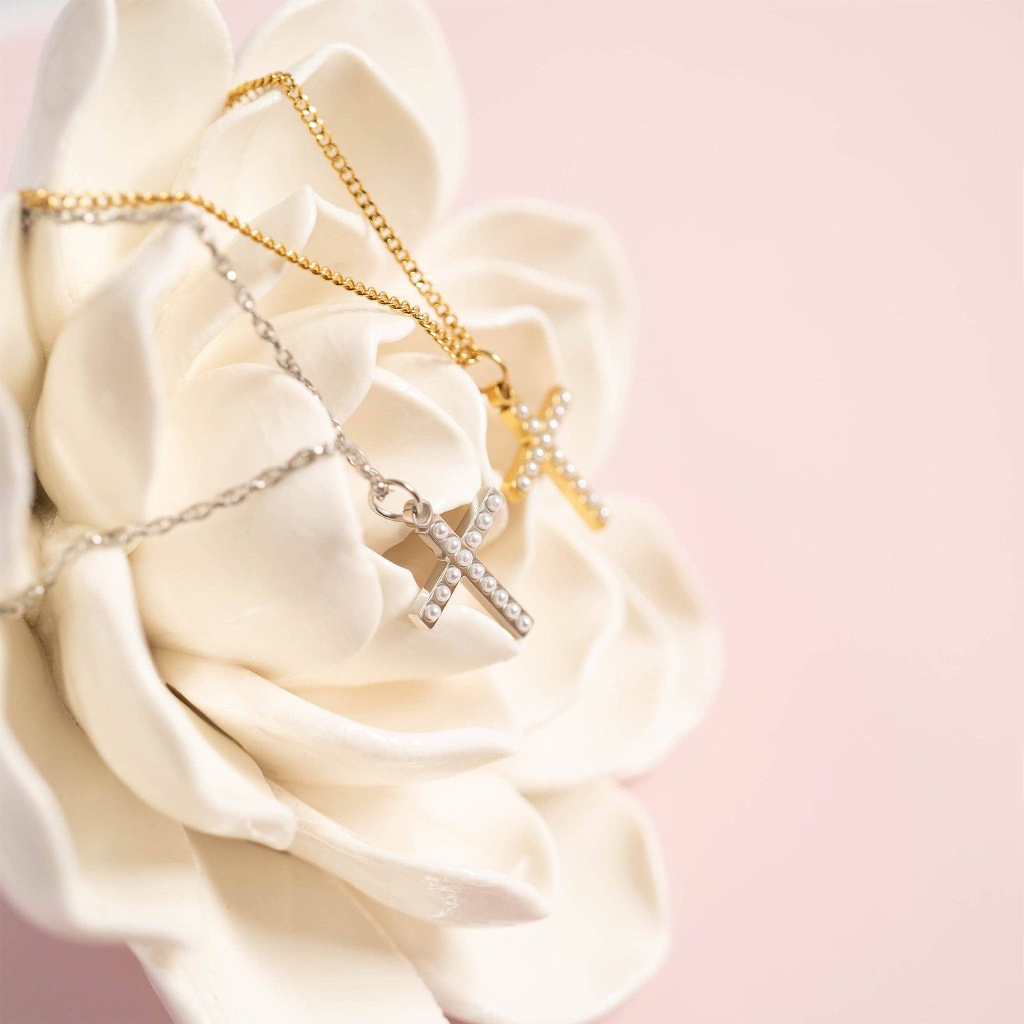 18K Gold PVD Stainless Steel Pearl Beaded Cross Charm