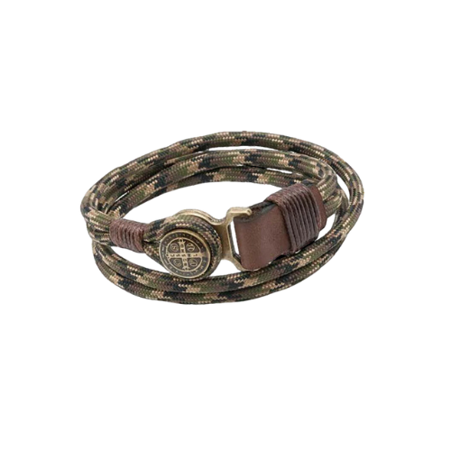 Men's St. Benedict Leather and Camo Paracord Bracelet