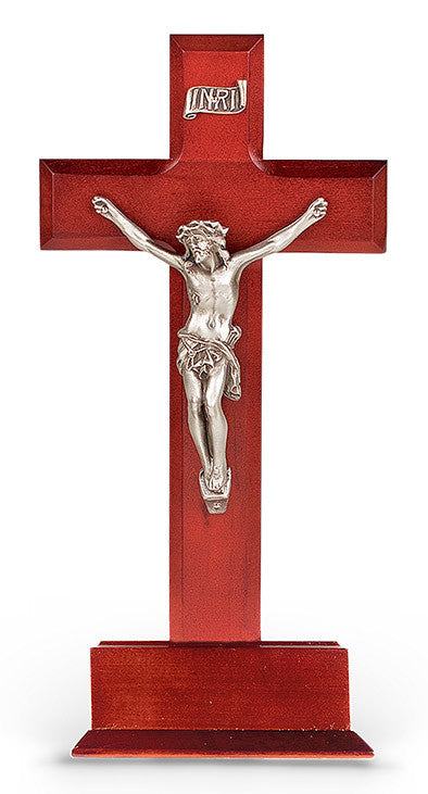 Dark Cherry Wood with Genuine Pewter Crucifix 10"