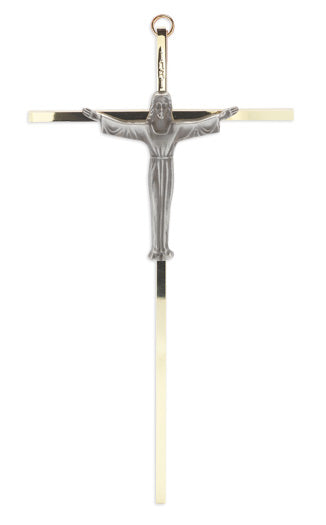 Brass Plated Cross with Antiqued Silver Finish Corpus 10"