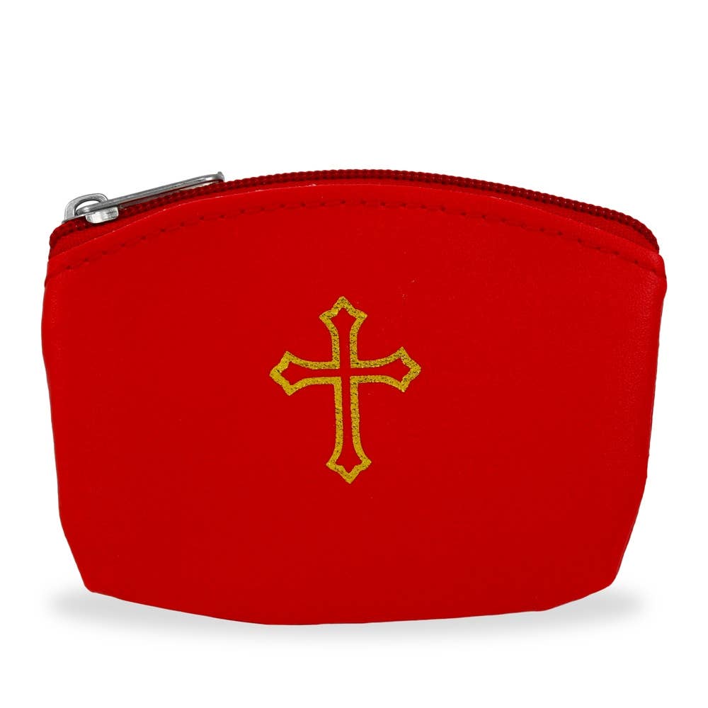 Red Rosary Pouch with Zipper and Gold Cross Imprint