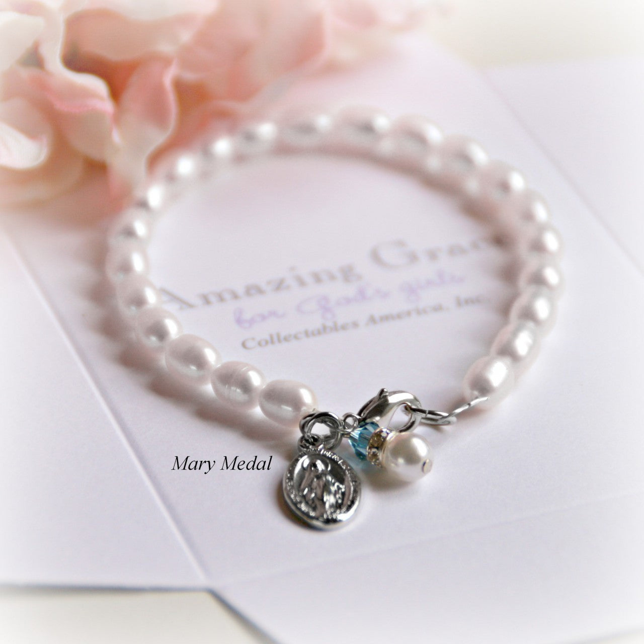 Miraculous Medal with Freshwater Pearls 6.5" Bracelet