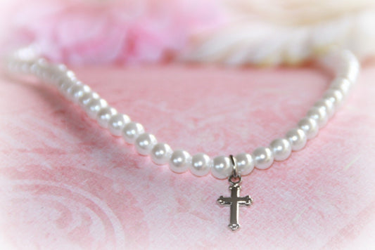 Glass Pearls 15" necklace with Rhodium Cross