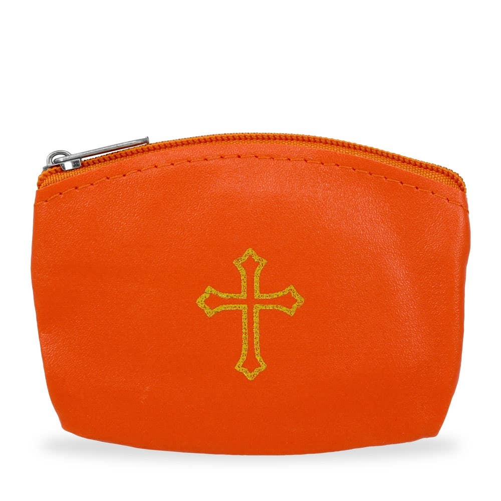 Orange Rosary Pouch with Zipper and Gold Cross Imprint