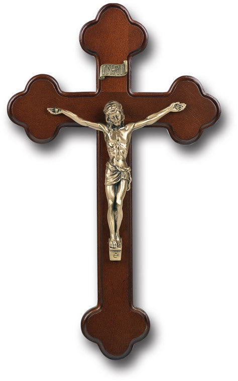 Dark Cherry Wood Crucifix with Museum Gold 10"