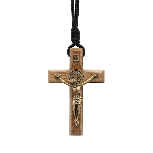 St. Benedict Wooden Crucifix Necklace   2.75"