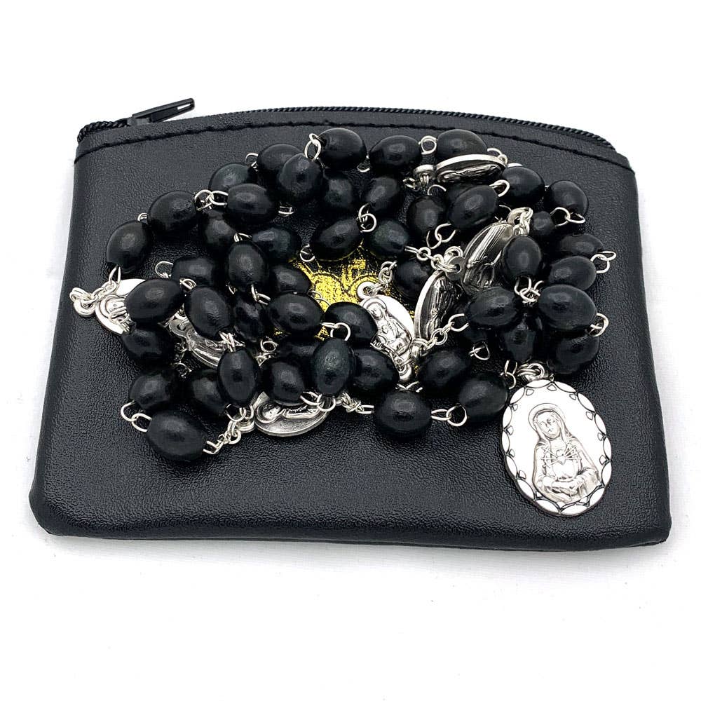 Seven Sorrows Chaplet Rosary Black Wooden Beads & Pouch