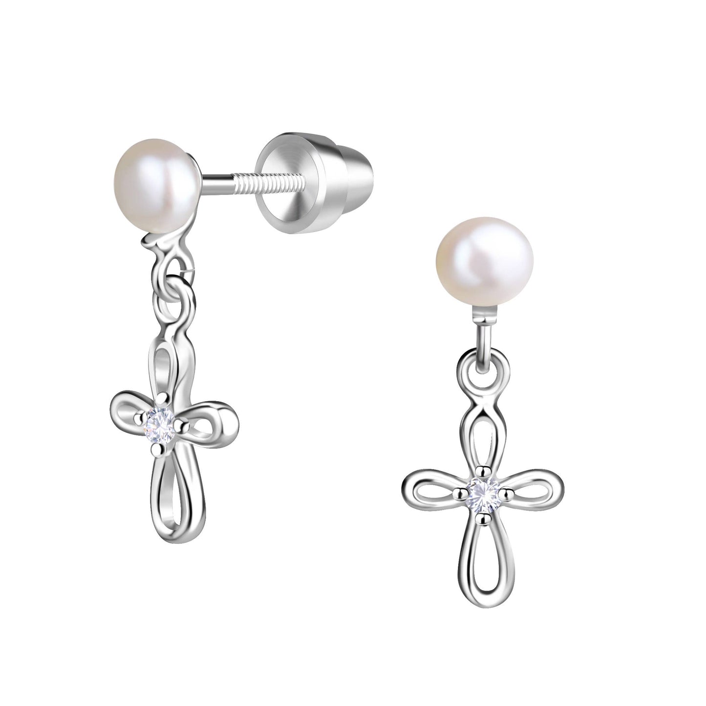 Sterling Silver Pearl Cross Earrings