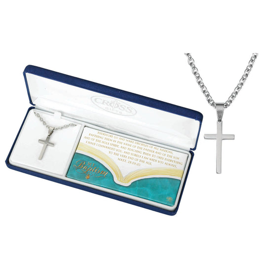 Stainless Steel Cross Necklace in Baptism Box