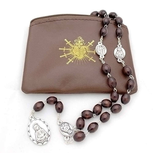 Seven Sorrows Brown Oval Wood Bead Rosary & Pouch