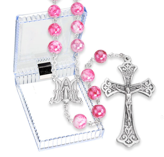 8mm Marbleized Glass Bead Rosary, Boxed