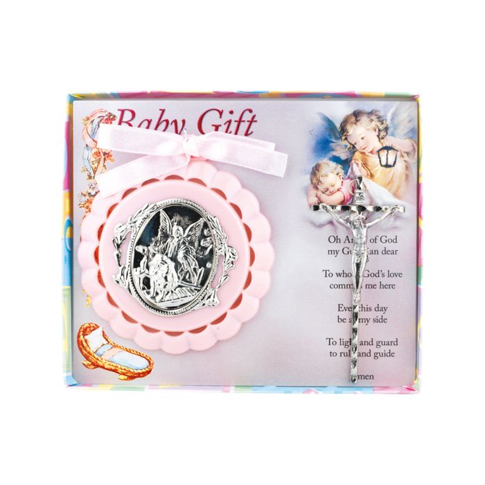 Crib medal and Crucifix Pink