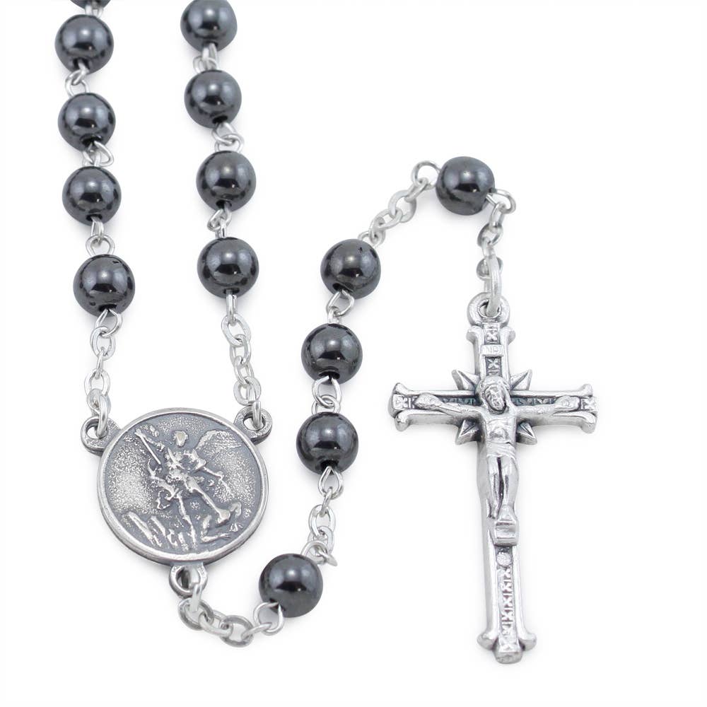 St. Michael Hematite Bead Rosary