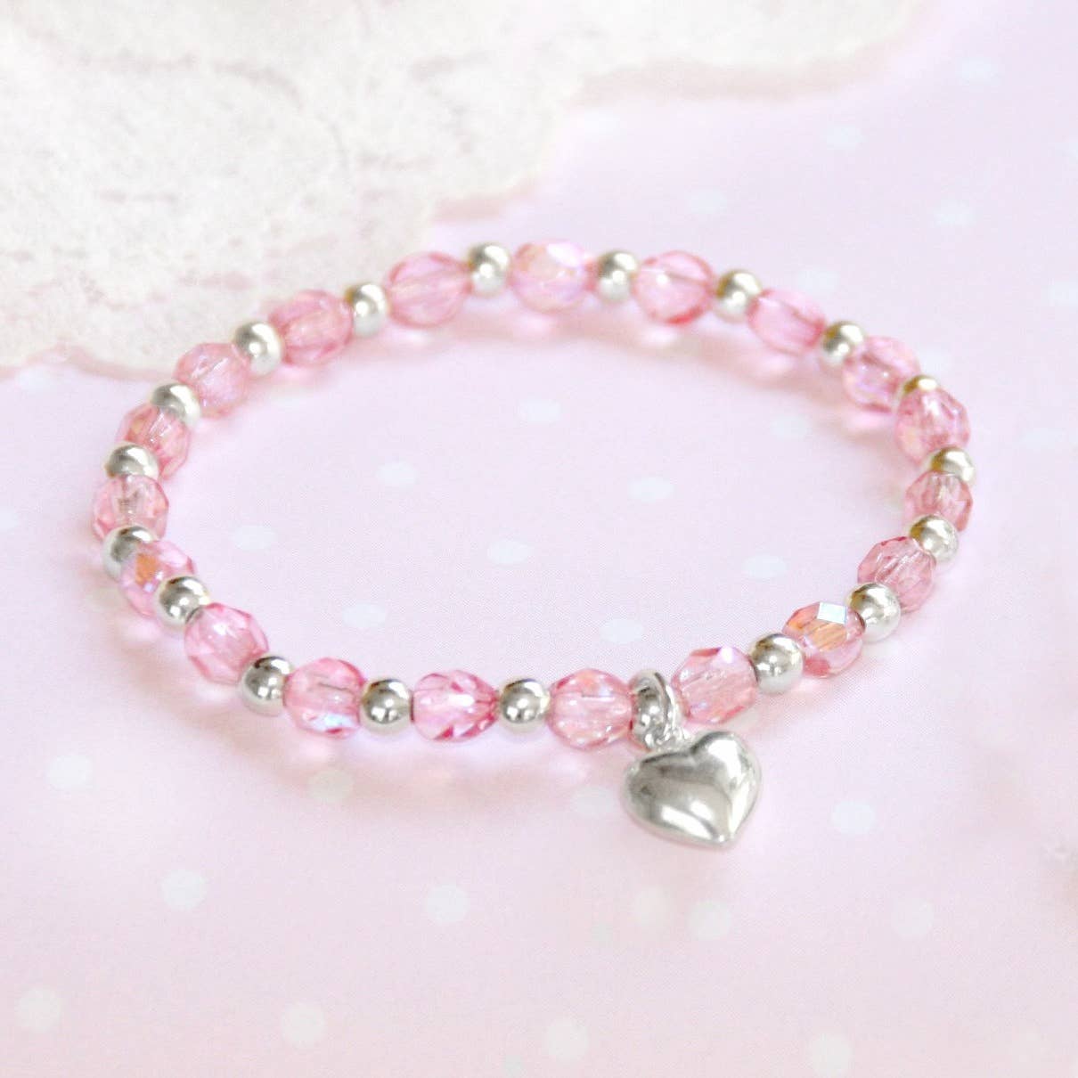 Sterling Silver Puffed Heart Pink 5" Stretch Bracelet