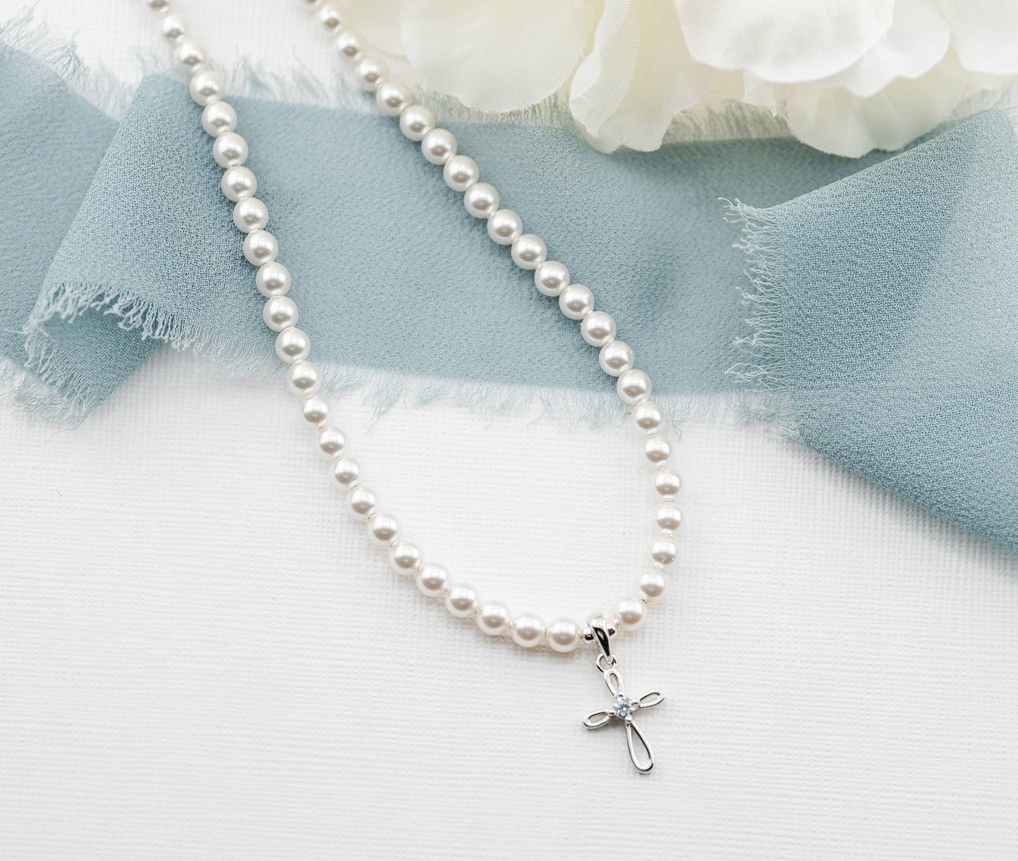 Sterling Silver + Pearl Cross Necklace