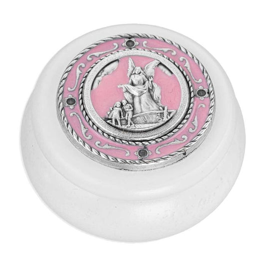 Guardian Angel White Wood & Pink Epoxied Silver Metal Keepsake Box