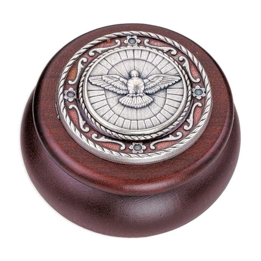 Holy Spirit Wood & Red Epoxied Silver Metal Keepsake Box