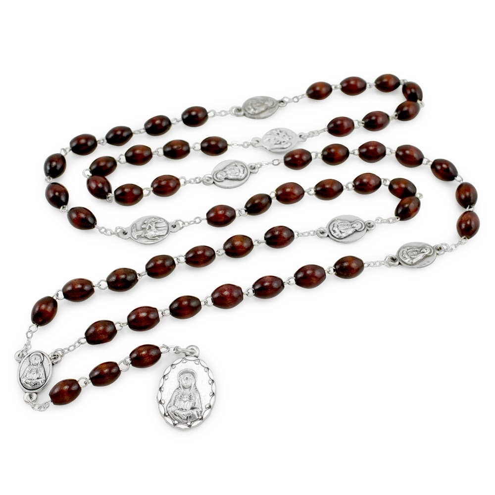 Seven Sorrows Brown Oval Wood Bead Rosary & Pouch