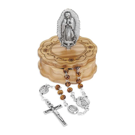 O.L of the Miraculous Medal Wood Bead Rosary in Wooden Box with O.L. of Guadalupe Statue on Top