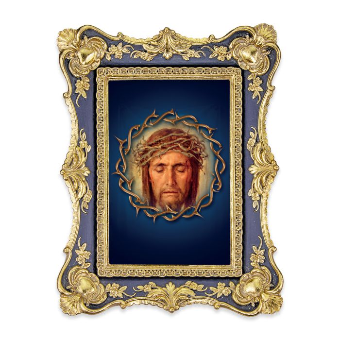 Antiqued Dark Blue and Gold Holy Face Frame