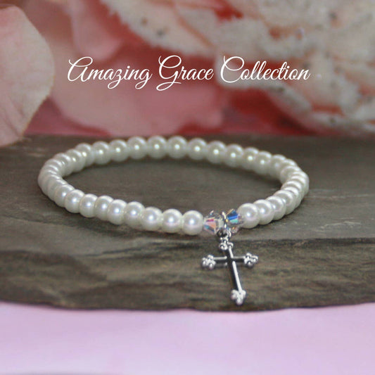 Cross Pearl 6.5" Stretch Bracelet