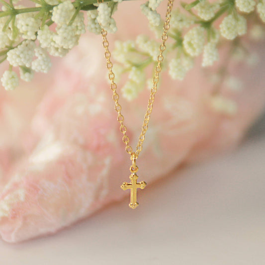 Classic Petite Cross Gold Necklace 16"