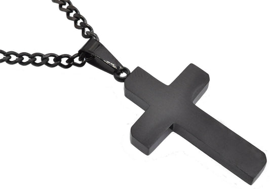 Men's Matt Black Stainless Steel Cross Pendant With 24" Curb