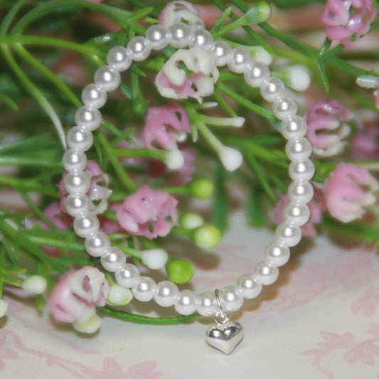 Sterling Silver Heart Pearl 5" Stretch Bracelet