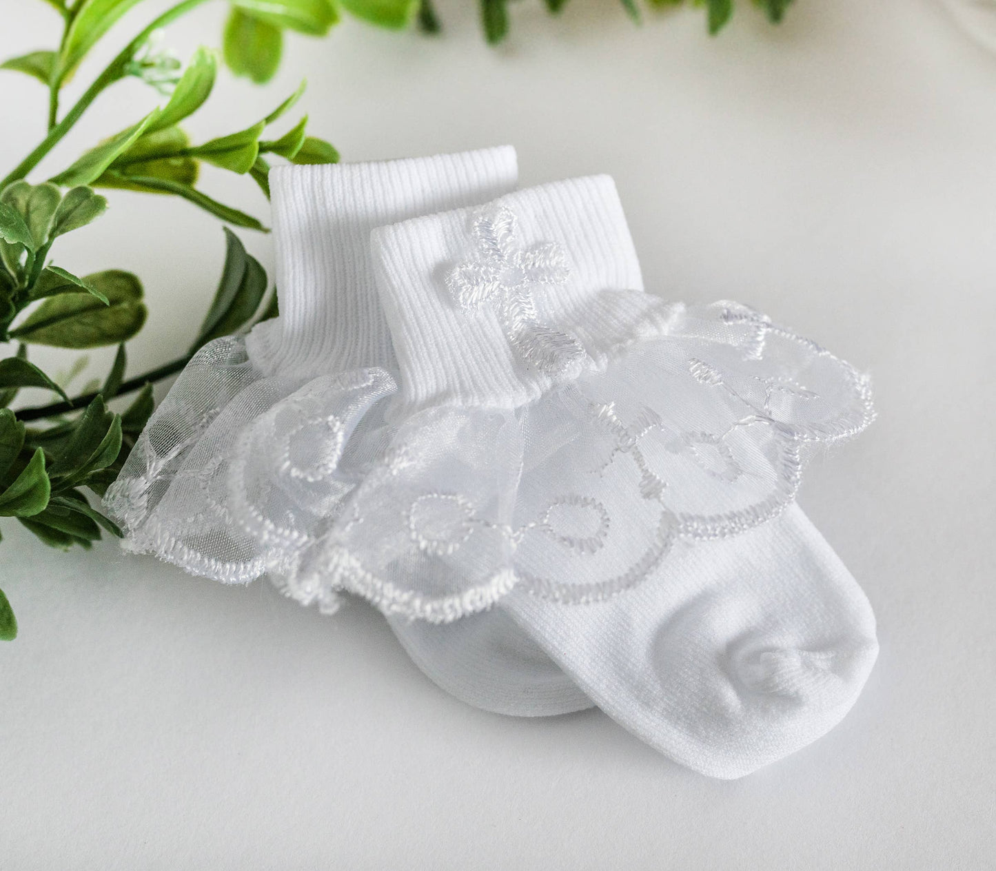 Whit Lace Baptism Socks with Cross