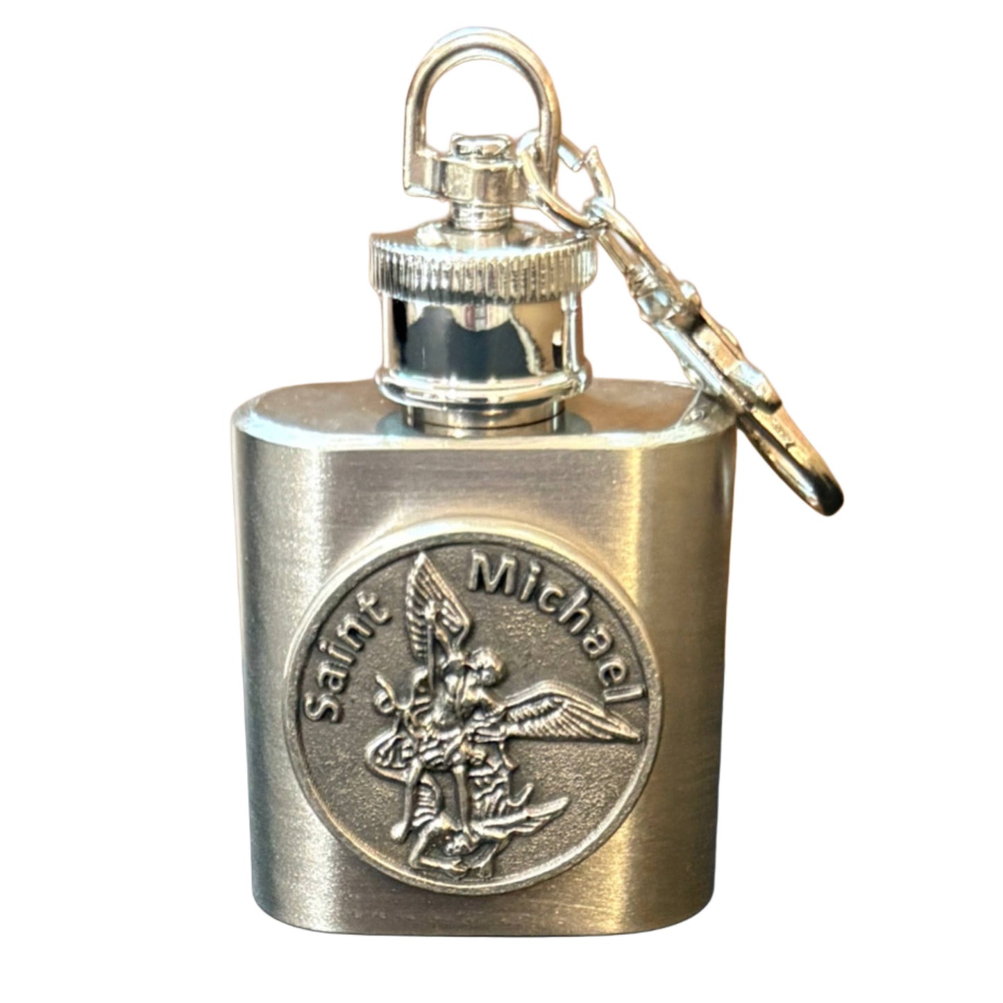 Saint Michael Token Holy Water Flask SS w/ Keychain   1 oz