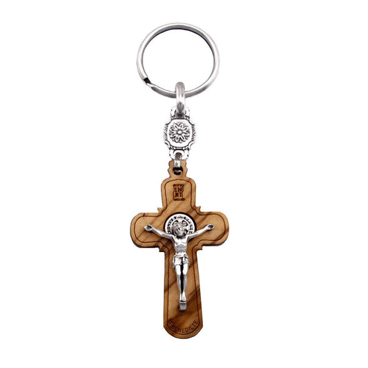 Olive Wood St. Benedict Crucifix Keychain