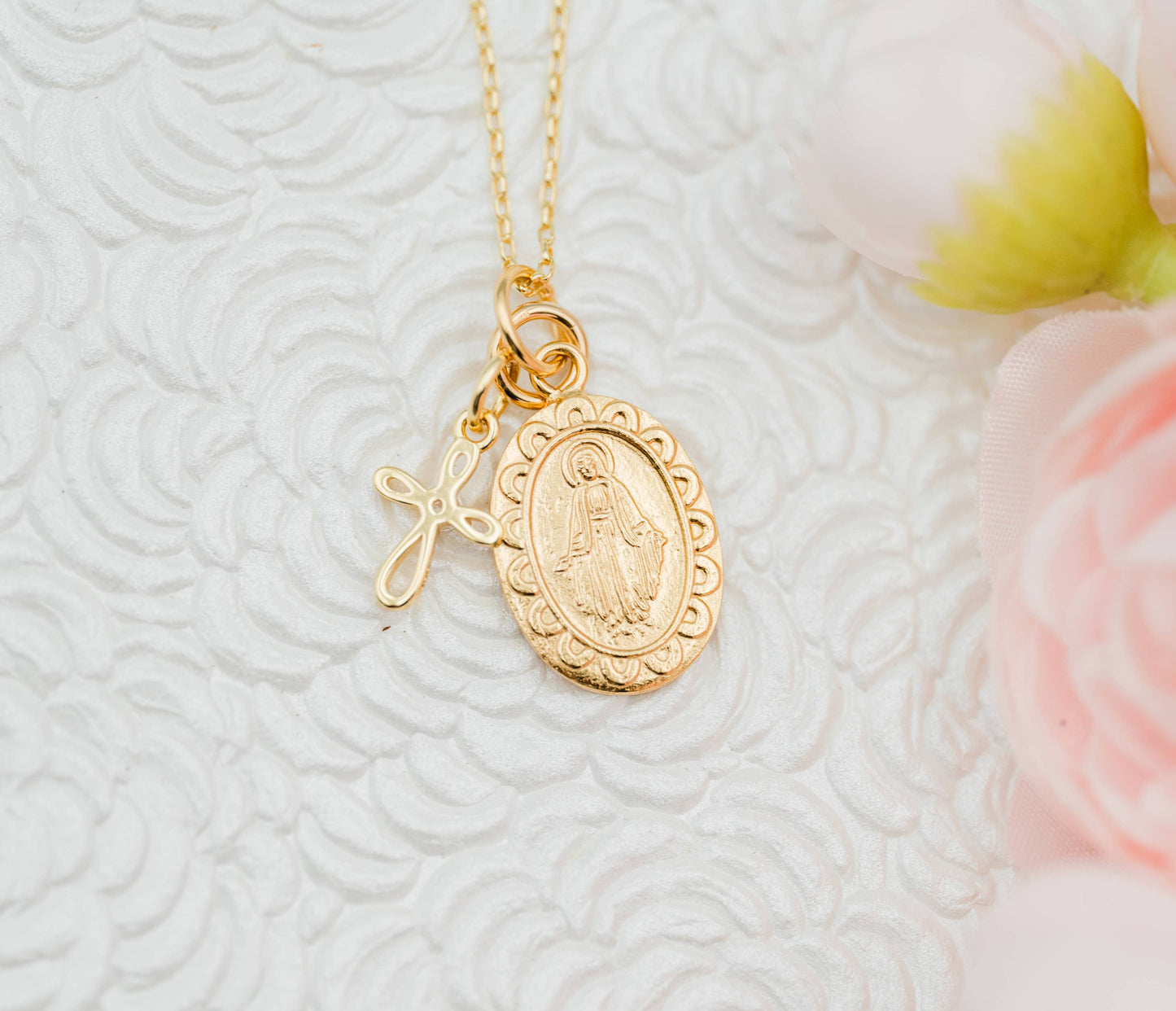 Gold Plated Miraculous Medal + Cross Necklace