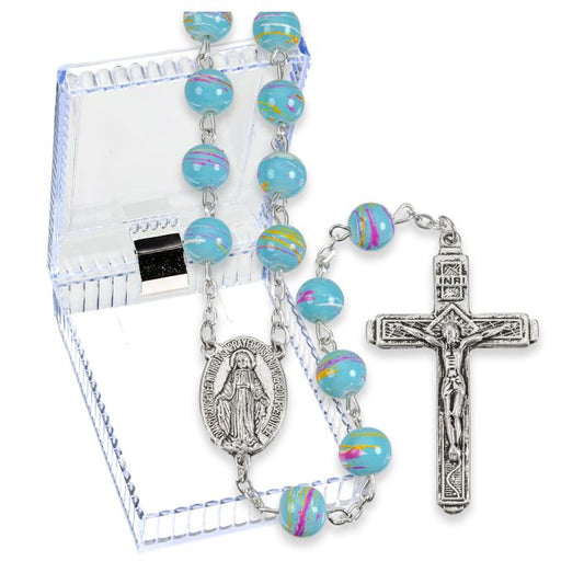 8mm Aqua Colored Swirled Glass Rosary