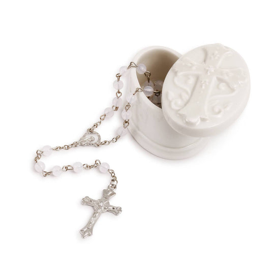 Ceramic Oval Keepsake Box and Rosary