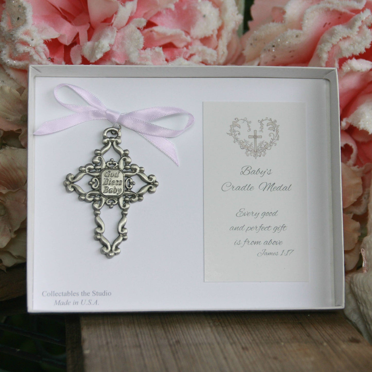 Cross Crib Medal with Pink Ribbon