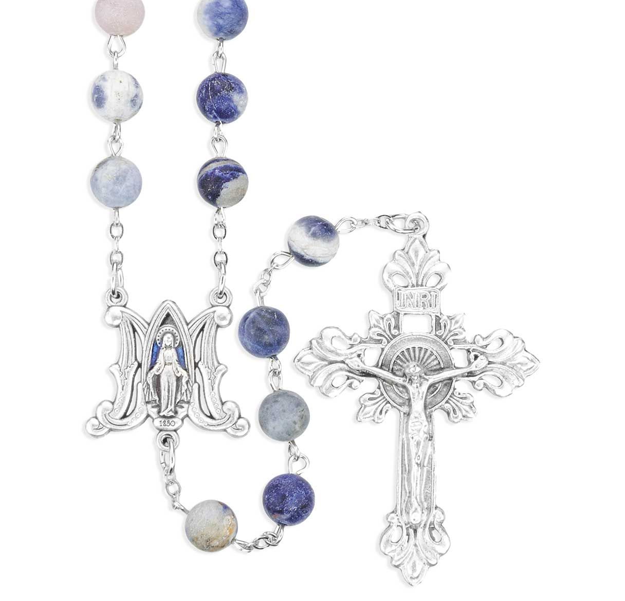 8mm Spotted Blue Dyed Stone Bead Rosary with Ave Maria Center and Crucifix, Boxed