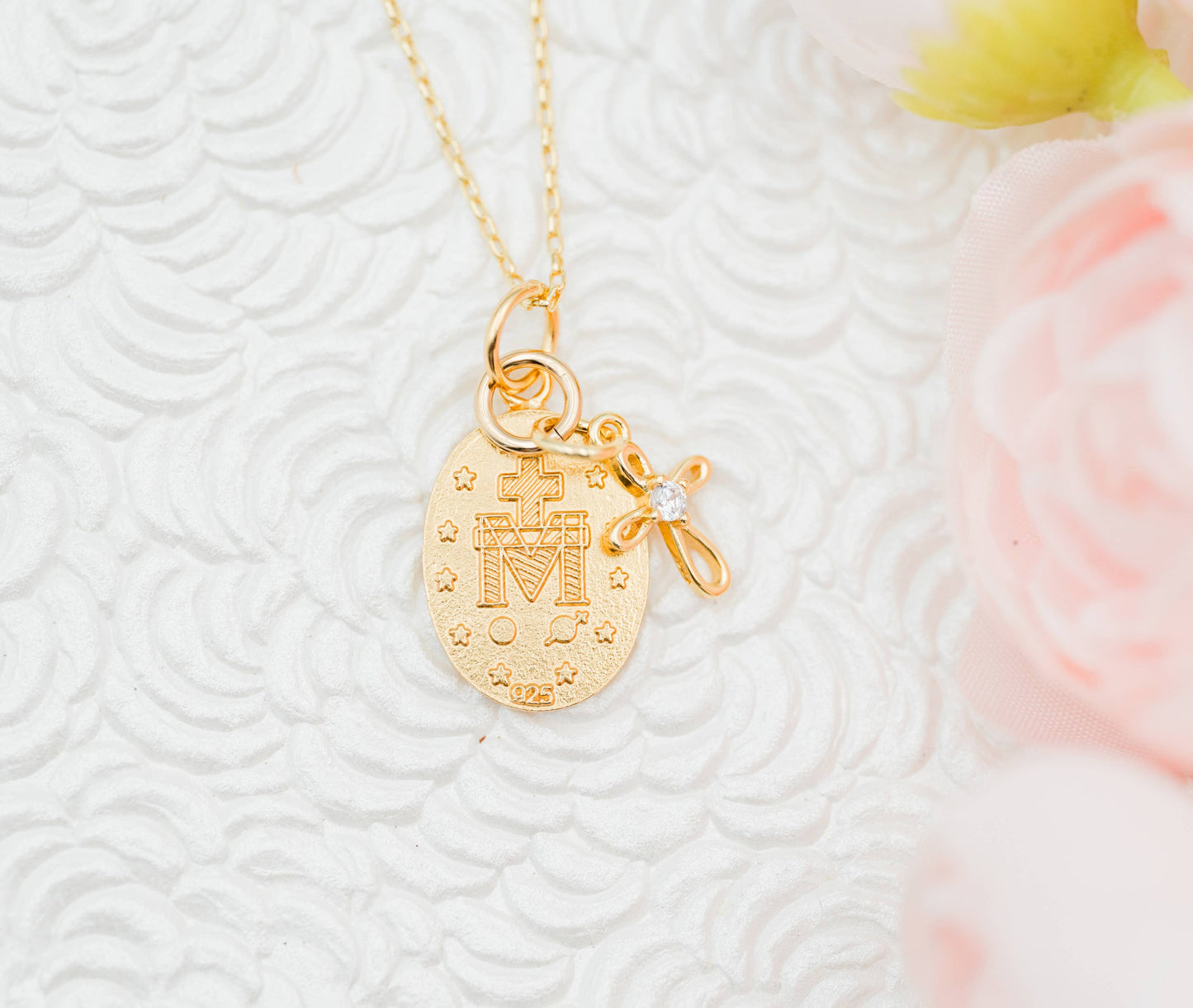 Gold Plated Miraculous Medal + Cross Necklace