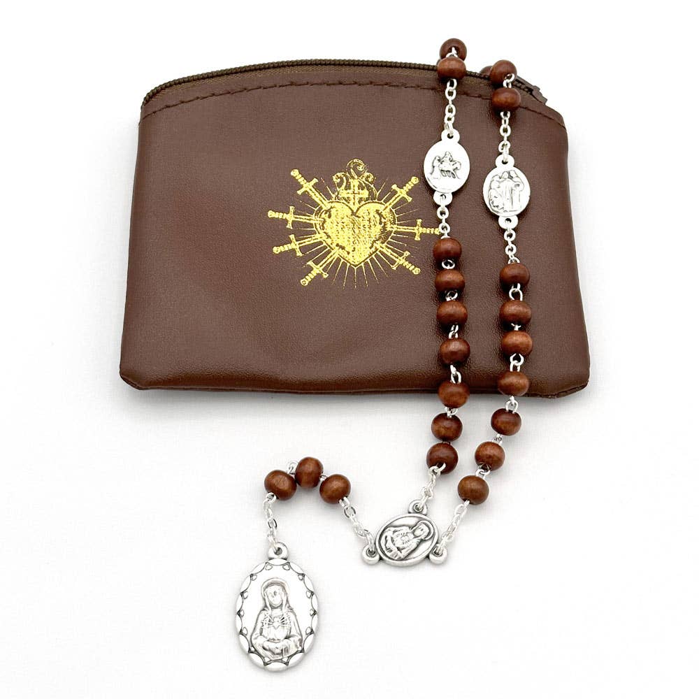 Seven Sorrows Rosary Chaplet Brown Wooden Beads