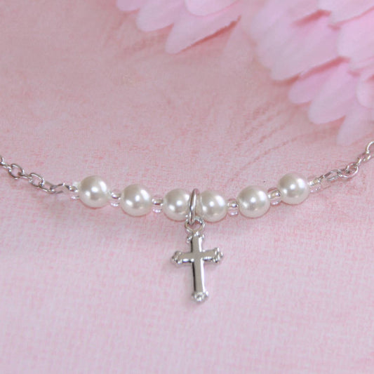 Cross Pearl Rhodium 16" Necklace